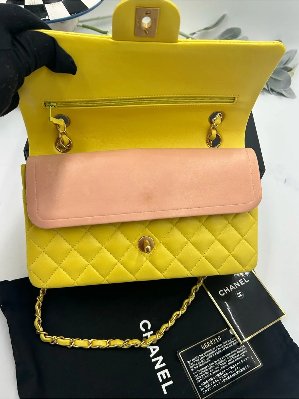 Women's Chanel Classic Quilted double Flap Bag in Yellow with Gold Hardware